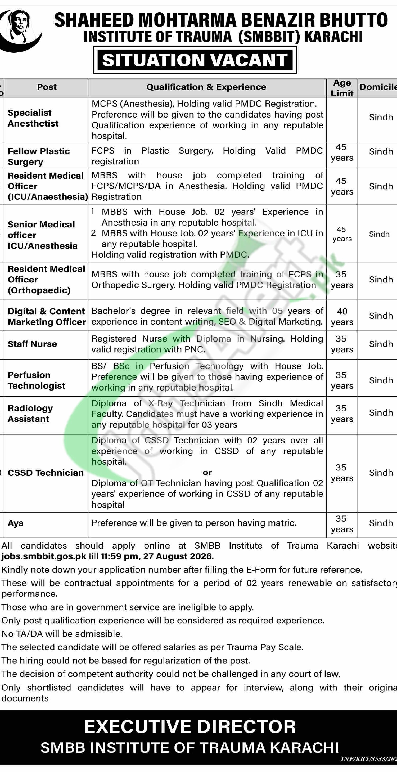Shaheed Mohtarma Benazir Bhutto Institute of Trauma SMBBIT Karachi Jobs 2026 Apply Online SMBBIT Jobs