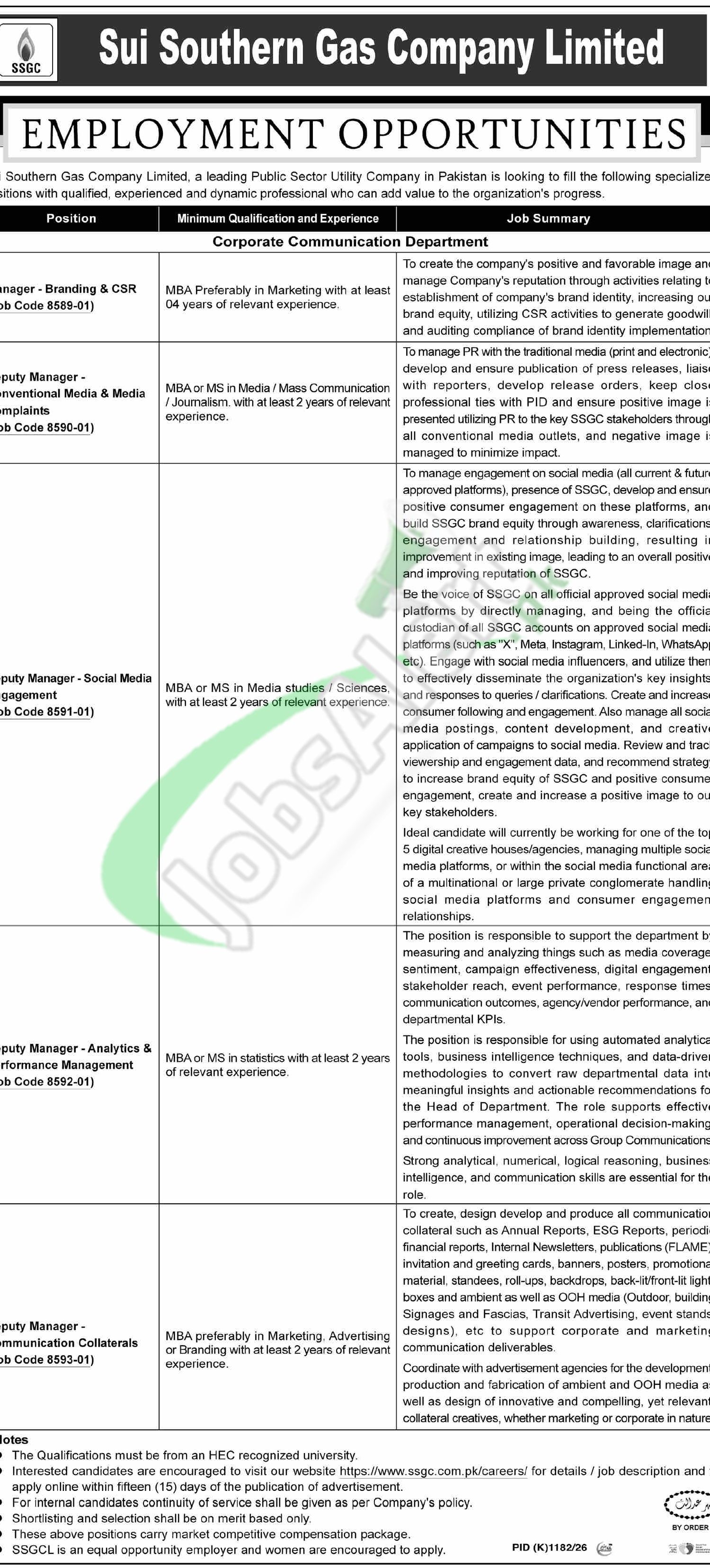 Latest Advertisement SSGC Jobs 2026 Online Apply | www.ssgc.com.pk SSGC Jobs