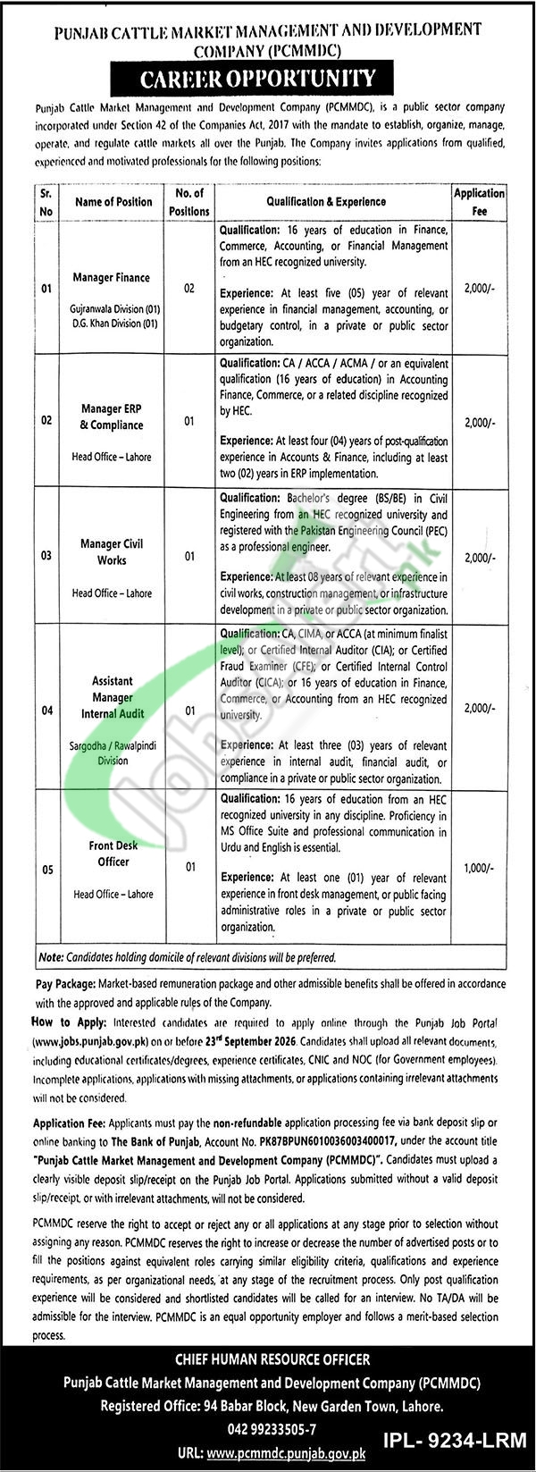 Punjab Cattle Market Management & Development Company Jobs 2026 PCMMDC Punjab Cattle Market Management & Development Company Jobs