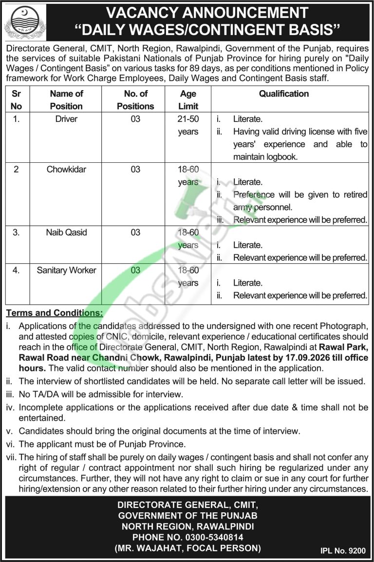 Punjab Chief Minister Inspection Team Jobs 2026 CMIT Rawalpindi Latest