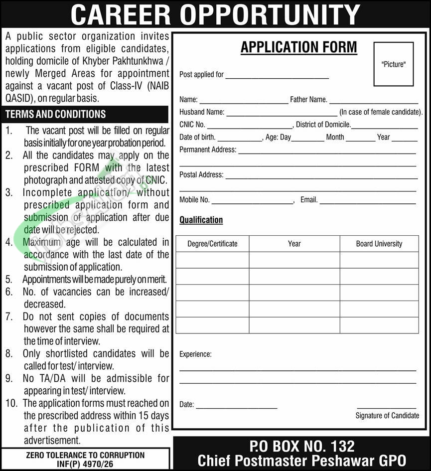 PO Box 132 Chief Postmaster Peshawar GPO Jobs