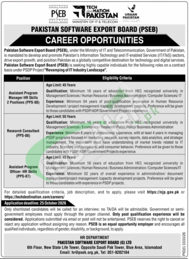 Latest Advertisement PSEB Jobs 2026 Pakistan Software Export Board PSEB Jobs