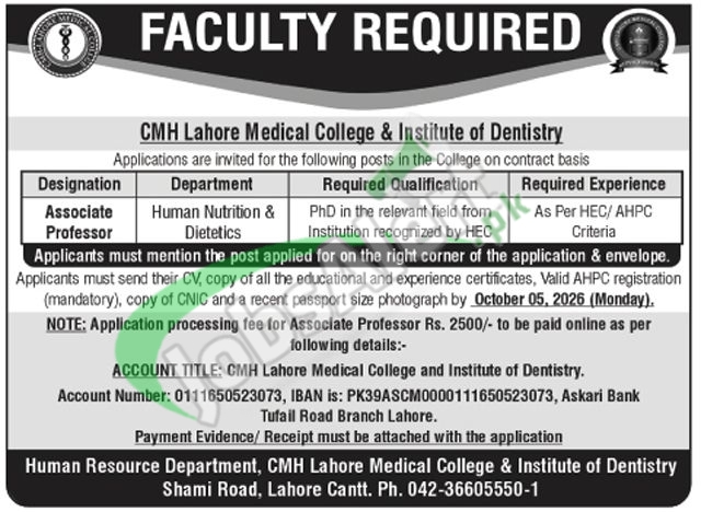 Apply in CMH Lahore Medical College & Institute of Dentistry Jobs 2026 CMH Medical College & Institute of Dentistry Lahore Job