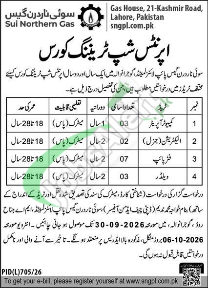 SNGPL Apprenticeship 2026 Lahore Latest | Sui Northern Gas Pipe Line Limited SNGPL Apprenticeship Program
