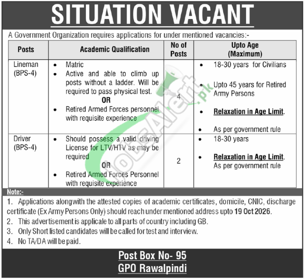 Latest Advertisement PO Box 95 GPO Rawalpindi Jobs 2026 Last Date PO Box 95 GPO Rawalpindi Jobs